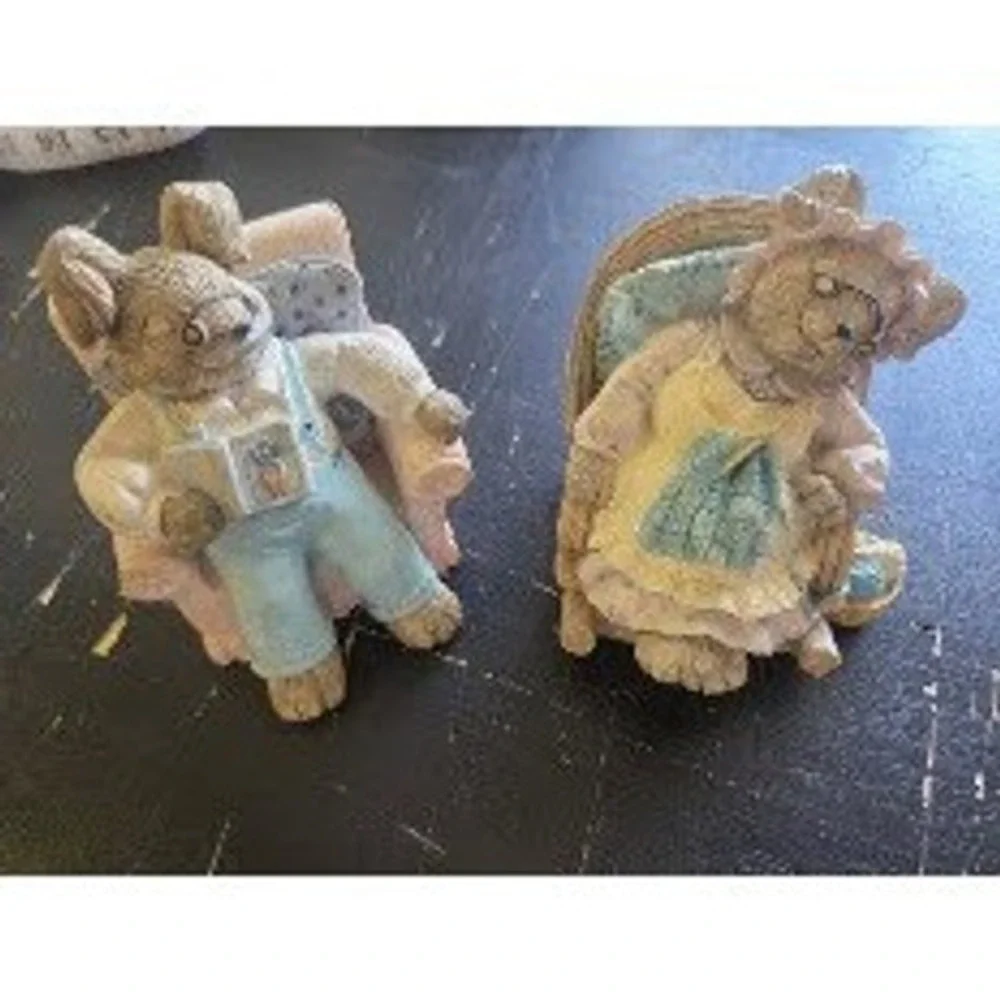 Vintage 1992 Mervyns Happy Easter Bunny Figurines Set of 2 Reading Rocking Chair